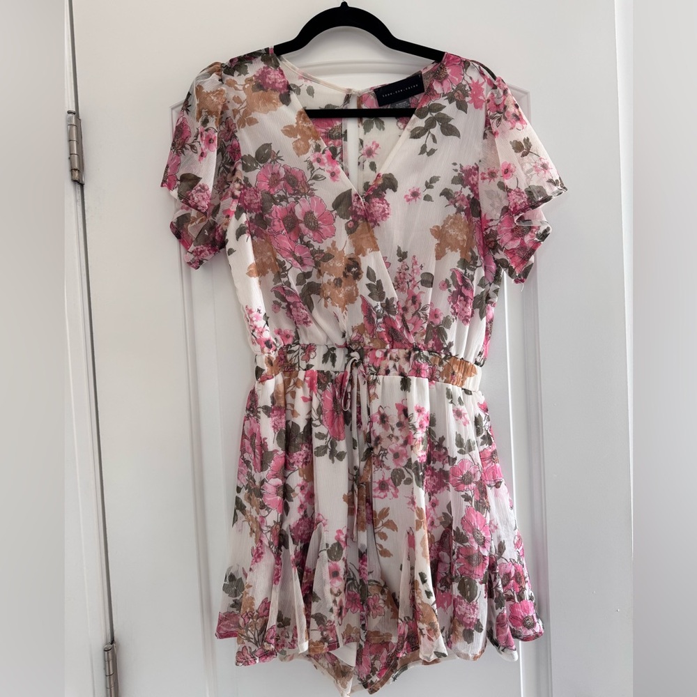 Floral V-Neck Romper in Pink and Brown